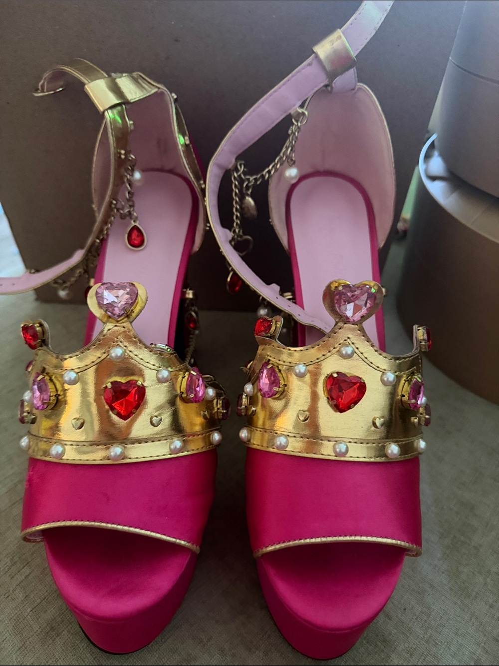 Sugar Thrillz Princess Peach Pink and Gold Jeweled Crown Platform Sandals